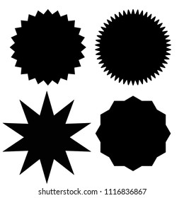 Set of black starburst stamps on white background. Badges and labels various shapes.  Vector illustration