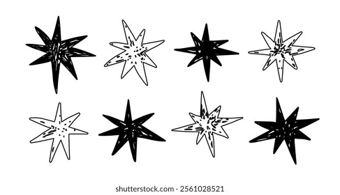 Set of black stars doodle hand drawn. Pencil scribbles charcoal texture rough brush strokes grunge sketch bold lines. Isolated stars elements. Vector flat illustration.