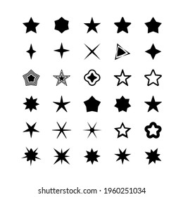 Set of black stars icons. Collection of effect sparkle symbol design various shape styles on white background. Star shine spark. Flat design. Elements for festive. Magic particle. Vector illustration.