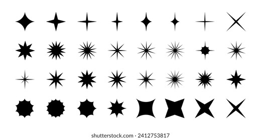 Set of black stars icons. Sparkle, twinkle, starburst, bling stardust shapes. Flash, light, fireworks, explosion, radiance magic symbols. Trendy vintage y2k pictograms. Vector graphic illustration