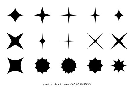 Set of black stars icons. Sparkle or twinkle, starburst or stardust, bling shapes. Flashlights, fireworks or explosions, radiance magic symbols. Trendy y2k pictograms. Vector graphic illustration.