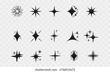 Set of black Stars on a transparent background. Shine symbol. Elegant elements for decor. Template Icons. Flares, monochrome Flash Effects. Symbols of sparkle Isolated objects Flat Vector Illustration