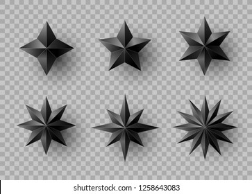 Set of black stars with shadow on transparent background. New year and Christmas design elements, vector illustration.