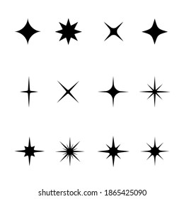 Set of black stars sparkles and twinkles symbols. Bright flash, dazzle light, shiny glow icons collection. Star light particles. Vector illustration.