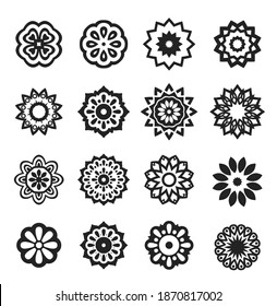 A Set of Black Stars. Vector Illustration. Mandala and geometric flowers