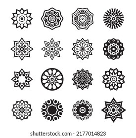 Set Black Stars. Vector outline Illustration. Geometric Rosetas