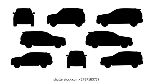 Set of black station wagon car icons and silhouettes showing various views including front, and perspective for transportation design elements in a minimalist graphic style, Minimalist Automobile one.
