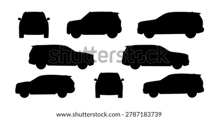 Set of black station wagon car icons and silhouettes showing various views including front, and perspective for transportation design elements in a minimalist graphic style, Minimalist Automobile one.