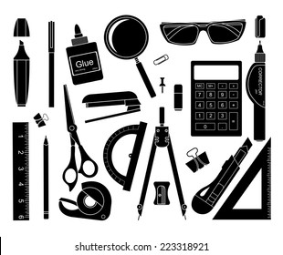 Set of black stationery tools: marker, paper clip, pen, binder, clip, ruler, glue, zoom, scissors, scotch tape, stapler, corrector, glasses, pencil, calculator, eraser, knife, compasses, protractor