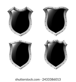 Juego de escudos de acero negro. Escudo de hierro de diferentes formas con remaches ilustración vectorial