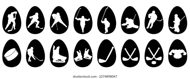 Set mit schwarzem Schablone dekoriert Ostereier mit Hockeyspielern und Hockeyelementen auf weißem Hintergrund. Flache Vektorgrafik für Feiertagsfeiern.