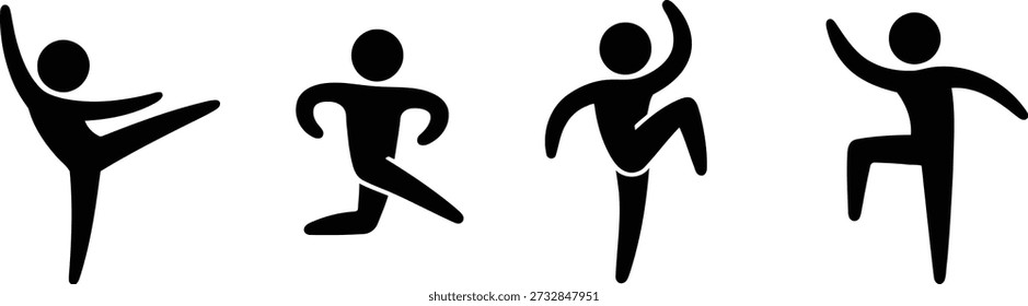 A set of black stick figure icons showing dynamic body poses, representing movement, dance, and various active exercises.