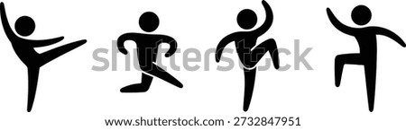 A set of black stick figure icons showing dynamic body poses, representing movement, dance, and various active exercises.
