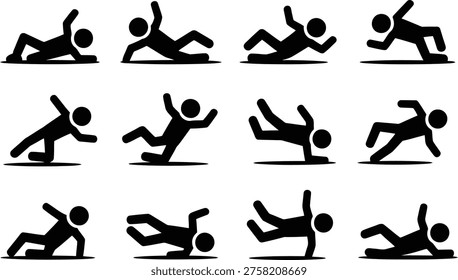 A set of black stick figures demonstrating various accidental falling motions and positions, symbolizing injury risk, clumsiness, or caution.