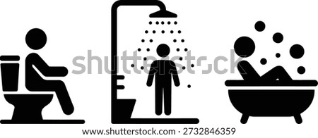 A set of black stick figures representing fundamental personal hygiene activities: sitting on a toilet, taking a shower, and enjoying a bath.
