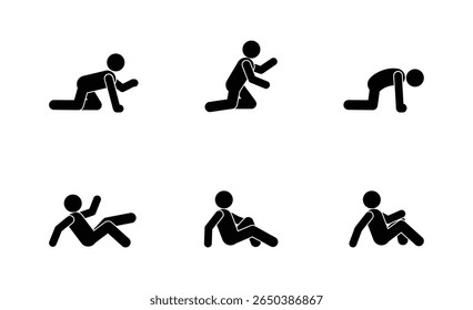 Set of black stick figures in various poses - on all fours, kneeling and sitting on floor. Simple vector silhouettes on white background. Perfect for fitness guides, yoga tutorials and activity 
