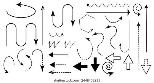 Set of black straight and curved arrows isolated