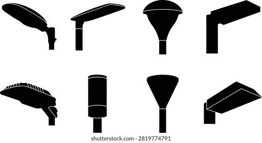 Set of black street light icons featuring modern LED lamp heads outdoor pole lighting and urban illumination fixtures