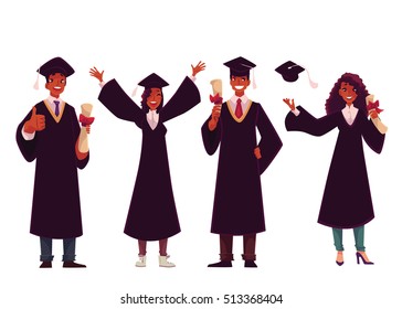 Set of black students in traditional caps and gowns celebrating successful graduation, cartoon style illustration isolated on white background. African American students graduating from University