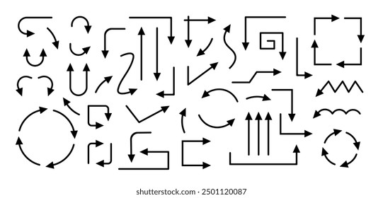 Set of black style arrows of different shapes. Curved line. Broken arrows in the form of a loop. Flow direction. Pointers up, down. Vector illustration.	
