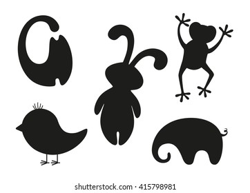 Set of black stylized silhouettes of animals and bird