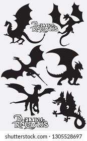 Set black stylized vector illustrations of dragons flying silhouettes element design. Design vector dragons. Vector illustration EPS.8 EPS.10