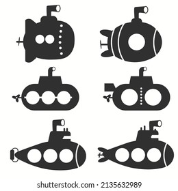 Set of black submarines on white background. Vector illustration
