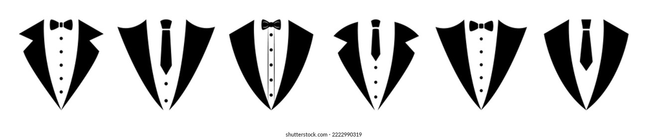 Set Of Black Suit Vector Icons On White Background. Male Suit With Tie And Bow Tie. Vector 10 EPS.