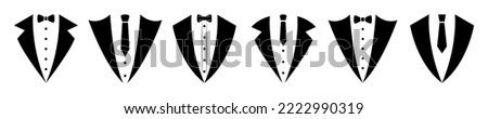 Set of black suit vector icons on white background. Male suit with tie and bow tie. Vector 10 EPS.