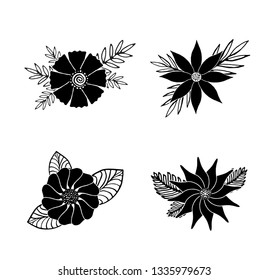 Set of black summer hand-drawn flowers with leaves on white background. Botanical collection with outline and solid monochrome blossom plants doodles