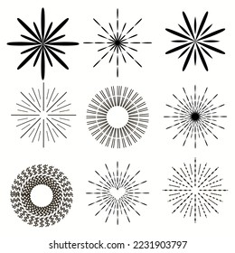 Conjunto de ilustración vectorial de explosión de sol negro. Forma de círculo. Antecedentes abstractos. Rayos estelares.