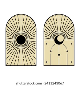 Set black sun and crescent moon stars with light ray on brown frame magic boho vector design