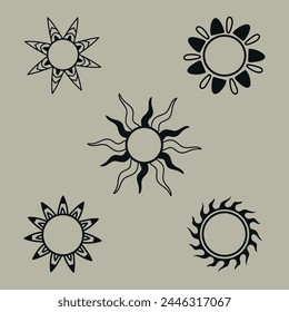 Set of Black sun icons. 5 pieces. Vector on a gray background.