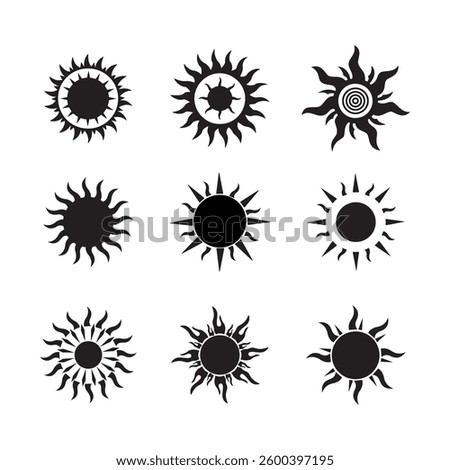 Set of Black Sun Icons, Tribal and Decorative Sun Symbols, Vector Sunburst Designs for Logos, Tattoos,
 Graphic Design, Stickers, Solar Energy, Weather Forecast, Astrology, Spiritual Art  
