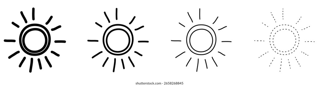 Set of black sun icons in various styles. Sun icons isolated on white background. Vector illustrations.
