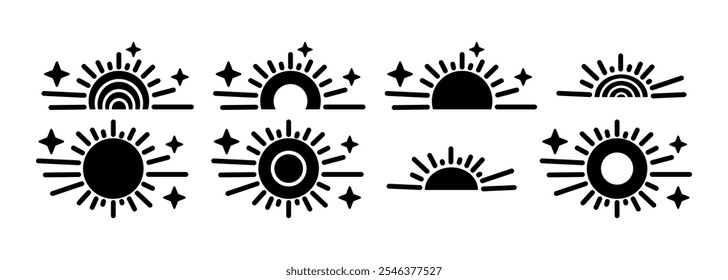 Set of Black Sun and Moon Celestial Icons with Stars and Rays. Minimalist Boho Vector Illustrations for Design Elements.