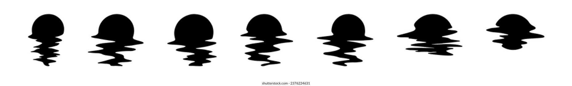 Set with black sun on white background. Reflection of the sun in the water or wave. Glitch. Sunset and dawn.  
