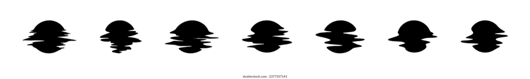 Set with black sun on white background. Reflection of the sun in the water or wave. Glitch. Sunset and dawn.  