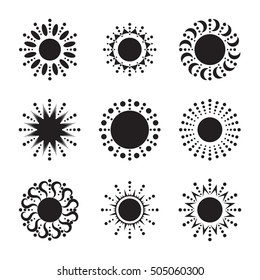 Set of black sun vector icon. Star pictograph collection isolated on white.