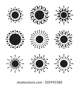 Set of black sun vector icon. Star pictograph collection isolated on white.