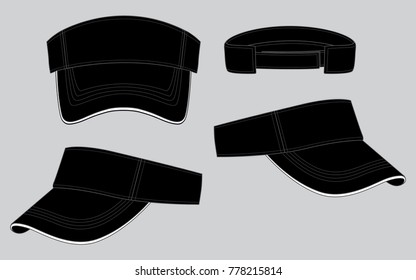 Set Black Sun Visor Cap With White Sandwich And Adjustable Hook And Loop Strap Vector.