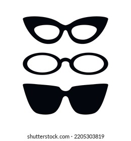 Set of black sunglasses vector icons. Hand drawn graphic glasses collection isolated on white. Flat doodle illustration.