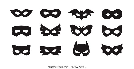 Set of black superhero masks. Icons with eye masks for masquerade or carnival. Design elements for festival. Hero or villain costume. Flat vector illustration collection isolated on background