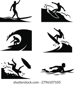Set of black surf silhouettes depicting wipeouts paddling and big wave riding maneuvers for aquatic sport design.
