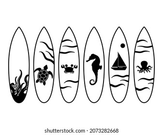 Set of black surfboards with octopus, turtle, boat, seahorse drawing. Vector illustration isolated on white background