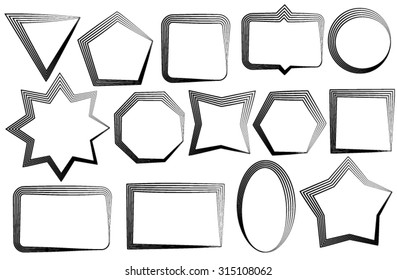 A set of black surround frames of different shapes on a white background, drawn with a pen in several layers.