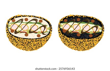 Set of black sushi burger with breaded shrimp meat, onion, cucumber, rice, avocado, and cream cheese fried in breadcrumbs with sauce isolated on white. Hand drawn vector illustration in flat style