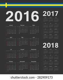 Set of black Swedish 2016, 2017, 2018 year vector calendars. Week starts from Sunday.