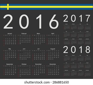 Set of black Swedish 2016, 2017, 2018 year vector calendars. Week starts from Sunday.