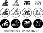 Set of black Swimmer icons. Swim icons page symbols for your web site designs. Concept of swimming pool, summer competition and more in trendy flat style with editable stock on transparent background.
